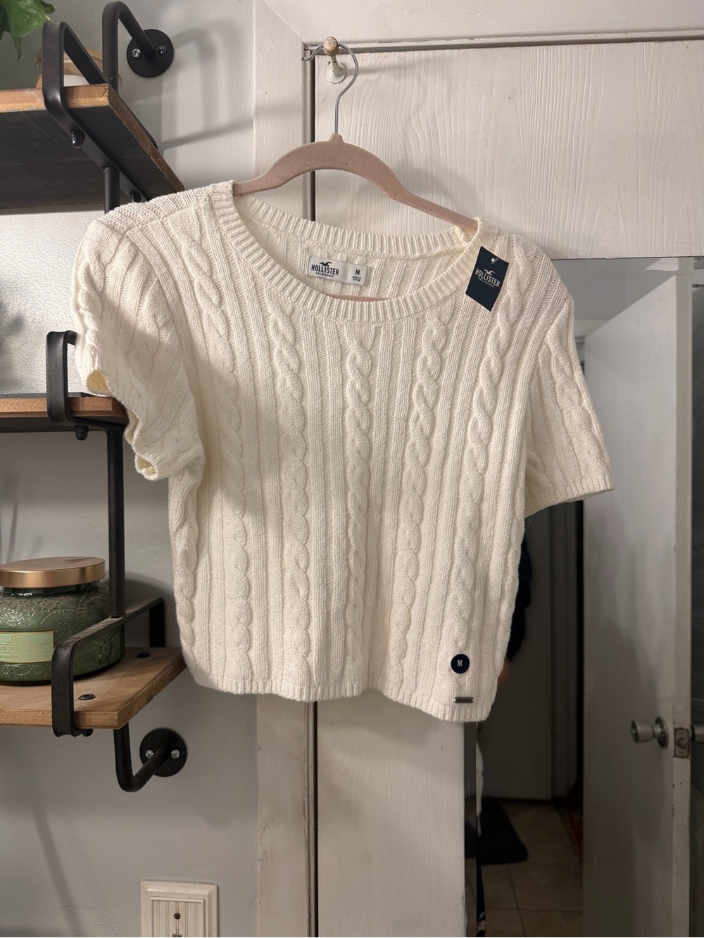Hollister White Cable-Knit Short Sleeve Sweater